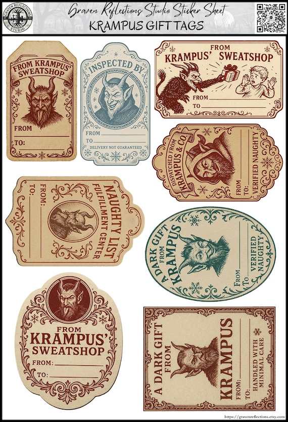 Krampus Gift Tag Stickers – Gothic Holiday Labels, Christmas Packaging Stickers