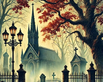Churchyard of Souls Postcard-  Gothic Halloween Art Print | Graven Hollow Lore Collection | Spooky Cemetery Scene, Haunted Graveyard
