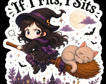 If I Fits, I Sits Chibi Witch Cat Broom Sticker – Cute Gothic Halloween Vinyl Decal - Spooky Goth