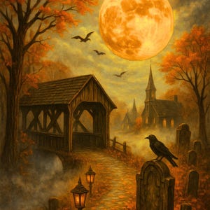 May include: An autumn landscape painting featuring a covered bridge, a church, and a graveyard under a large, orange moon. A black crow perches on a tombstone. The scene is filled with fall foliage and a sense of mystery.