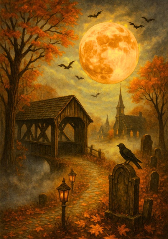 All Hallows Moon Postcard – Gothic Halloween Art Print | Graven Hollow Lore Collection | Haunted Bridge & Church Scene, Spooky Postcard