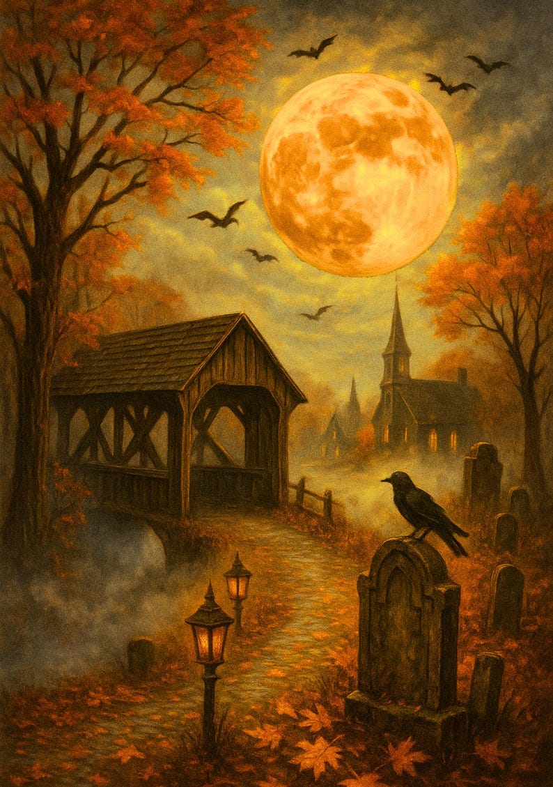 May include: An autumn landscape painting featuring a covered bridge, a church, and a graveyard under a large, orange moon. A black crow perches on a tombstone. The scene is filled with fall foliage and a sense of mystery.