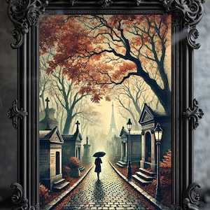 Autumn Stroll Through Pere Lachaise Cemetery Poster- Halloween Graveyard Wall Poster Spooky Wall Art Gothic Wall Decor