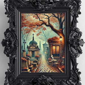 Cemetery Café  At Night Print – Cozy Gothic Parisian Cafe inside Père Lachaise Cemetery - Halloween Graveyard Print - Spooky Gothic Decor