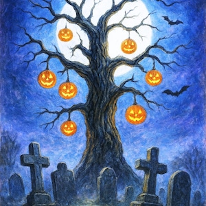 May include: A spooky Halloween illustration depicts a gnarled tree adorned with glowing jack-o'-lanterns. A full moon shines behind the tree, with bats flying in the night sky. A graveyard with stone crosses and tombstones is in the foreground.