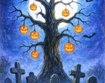 Pumpkin Tree Postcard – Halloween Cemetery Print | Graven Hollow Lore Collection | Gothic Autumn Night Scene, Jack-o’-Lantern Tree Postcard