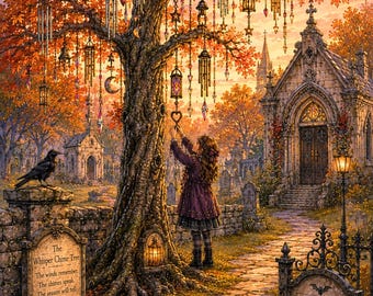 Whisper Chime Tree Autumn Greeting Card – Gothic Halloween Card – Victorian Cemetery Art