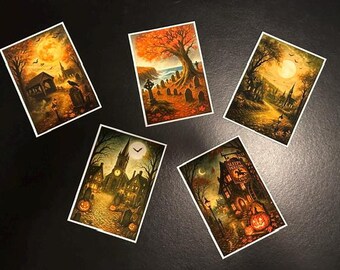 Graven Hollow Autumn Postcard Set – Gothic Halloween Art Collection | Haunted Town Folklore, Cozy Fall Aesthetic, Gothic Folklore Postcards
