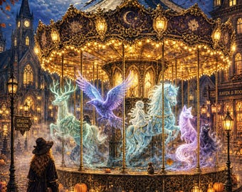 The Midnight Carousel Halloween Greeting Card – Gothic Autumn Card, Haunted Carousel Art