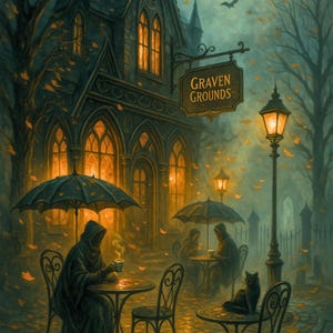 May include: An atmospheric digital painting of a cafe called Graven Grounds. Figures in hooded cloaks sit at tables under umbrellas, enjoying coffee. A black cat sits on a table. The scene is lit by warm light, with bats in the sky.