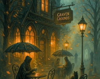Graven Grounds Card- Gothic Halloween Cafe Art, Cozy Creepy Autumn Night, Gothic Autumn – Vintage Halloween | Graveyard | Spooky Greeting