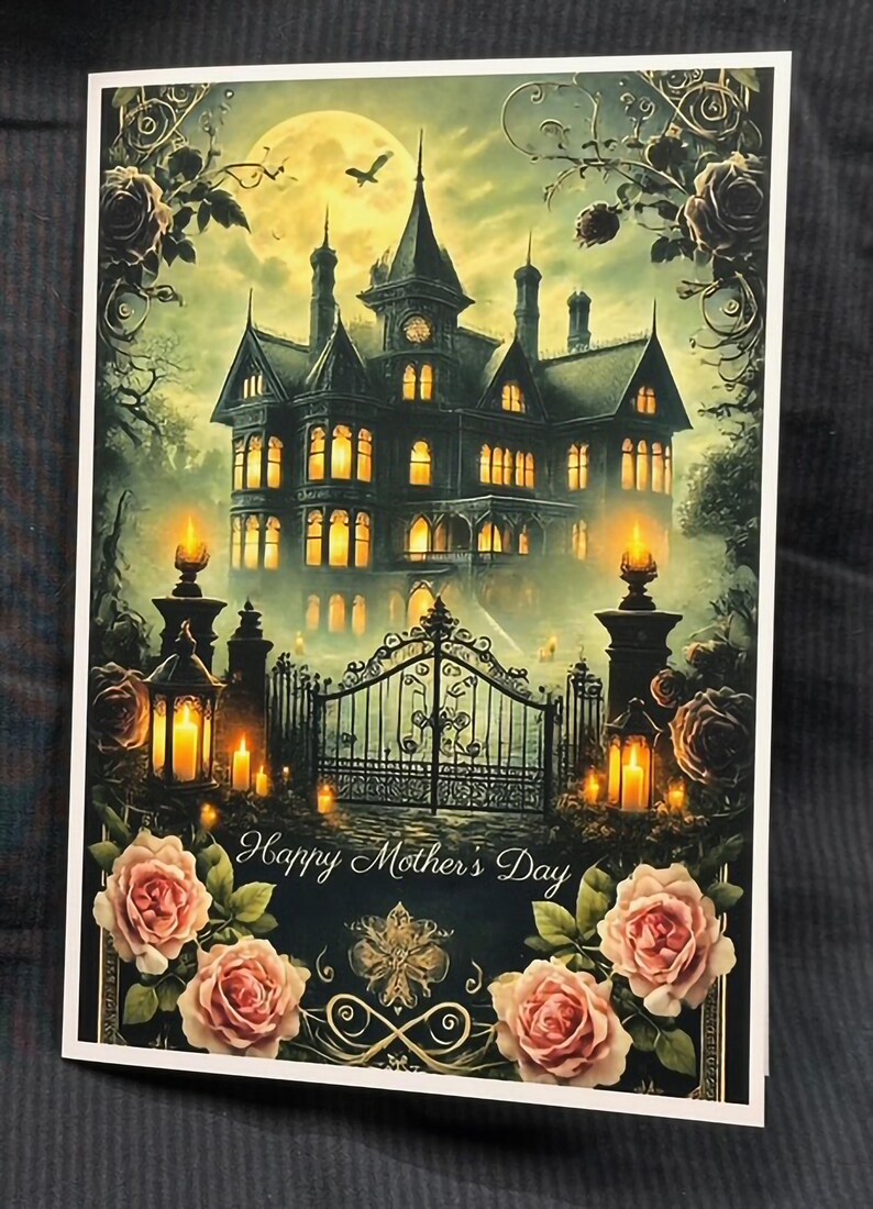 Haunted Gate Roses Gothic Haunted House Mother's Day Card – Victorian Charm With Roses ...