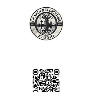 May include: A circular black and white logo featuring a tree with exposed roots above a graveyard, with the text GRAVEN REFLECTIONS STUDIO EST. 2023. Below is a square QR code and the text etsy.com/shop/GravenReflections.