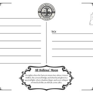 May include: A white postcard with decorative black borders and text. The top center features a circular logo with the text "GRAVEN REFLECTIONS STUDIO". The bottom has the text "All Hallows' Moon" and a description. There is a space for a stamp.