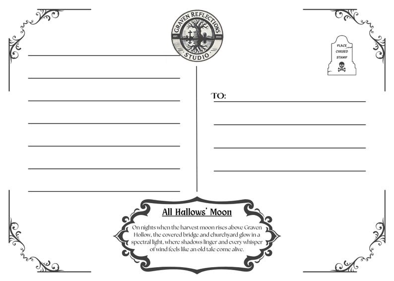 May include: A white postcard with decorative black borders and text. The top center features a circular logo with the text "GRAVEN REFLECTIONS STUDIO". The bottom has the text "All Hallows' Moon" and a description. There is a space for a stamp.