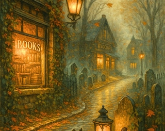 Witch’s Bookshop Postcard – Gothic Halloween Art Print | Graven Hollow Lore Collection | Spooky Bookstore Scene, Cozy Witchy Autumn Postcard