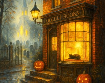 Occult Bookshop Postcard – Gothic Witchy Art Print | Graven Hollow Lore Collection | Haunted Bookstore, Spooky Halloween Postcard