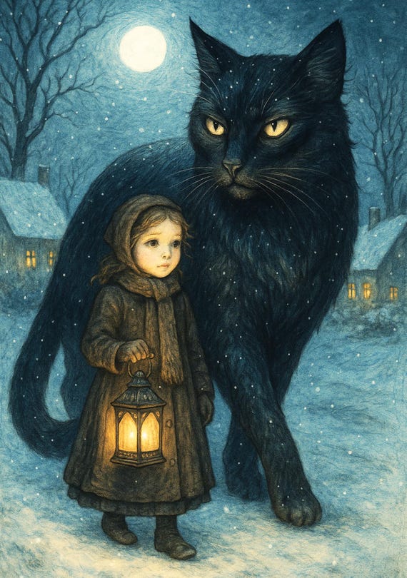 Yule Cat Protector Christmas Card– Gothic Winter Art , Icelandic Folklore Card, Victorian Girl & Black Cat Illustration, Nordic Holiday Gift