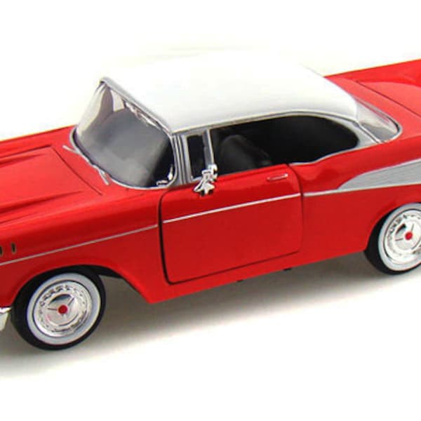 Retro Model car; 1957 Chevy Bel Air red with white top; scale 1:24