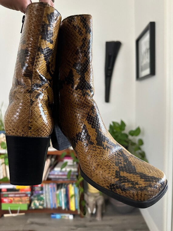 vintage faux snakeskin boots, yellow, women's 8 - image 1