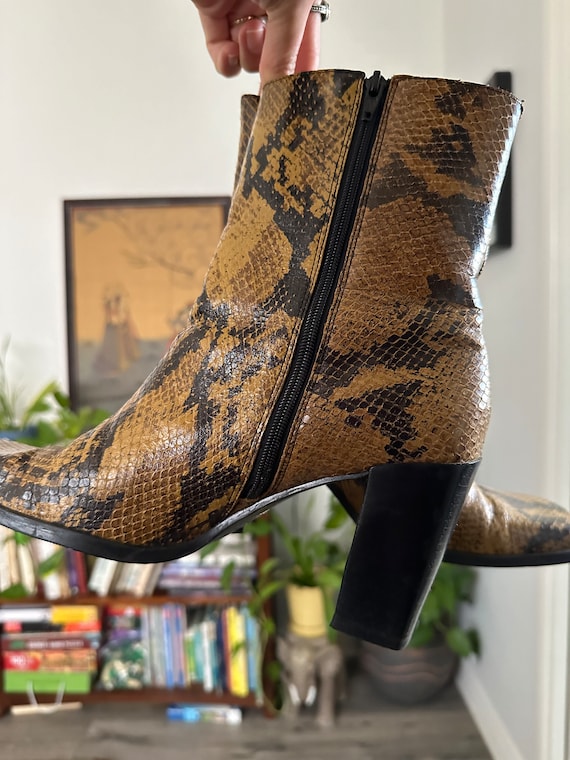 vintage faux snakeskin boots, yellow, women's 8 - image 7