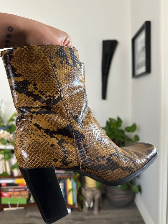 vintage faux snakeskin boots, yellow, women's 8 - image 3