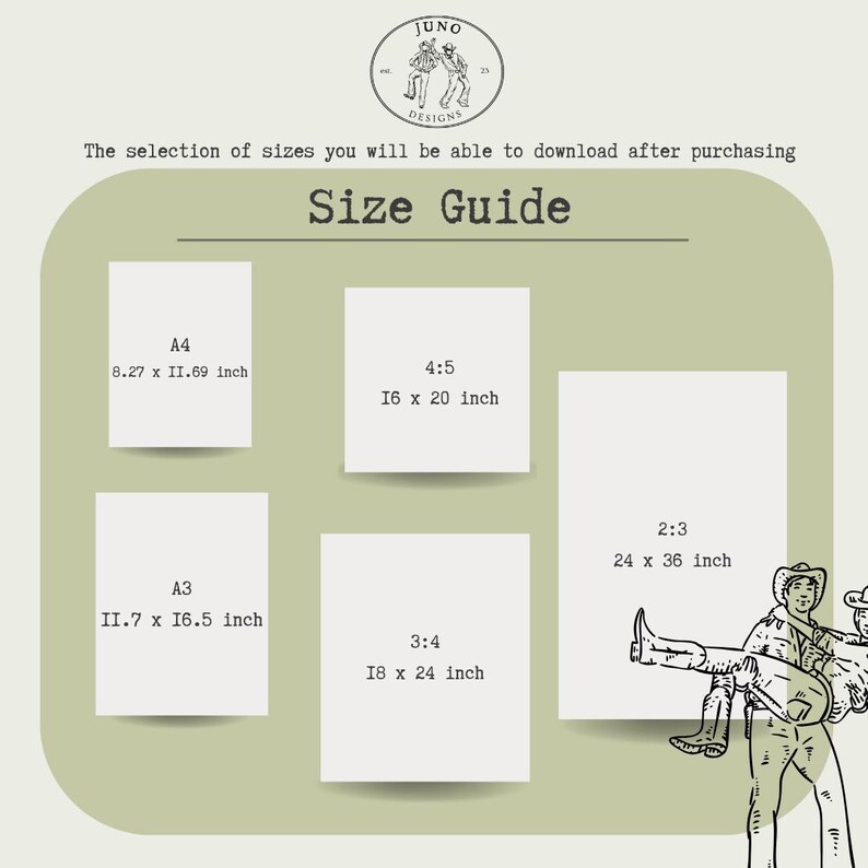 May include: A size guide for printable art prints with different aspect ratios and dimensions in inches. The sizes include A4 (8.27 x 11.69 inches), A3 (11.7 x 16.5 inches), 4:5 (16 x 20 inches), 3:4 (18 x 24 inches), and 2:3 (24 x 36 inches).