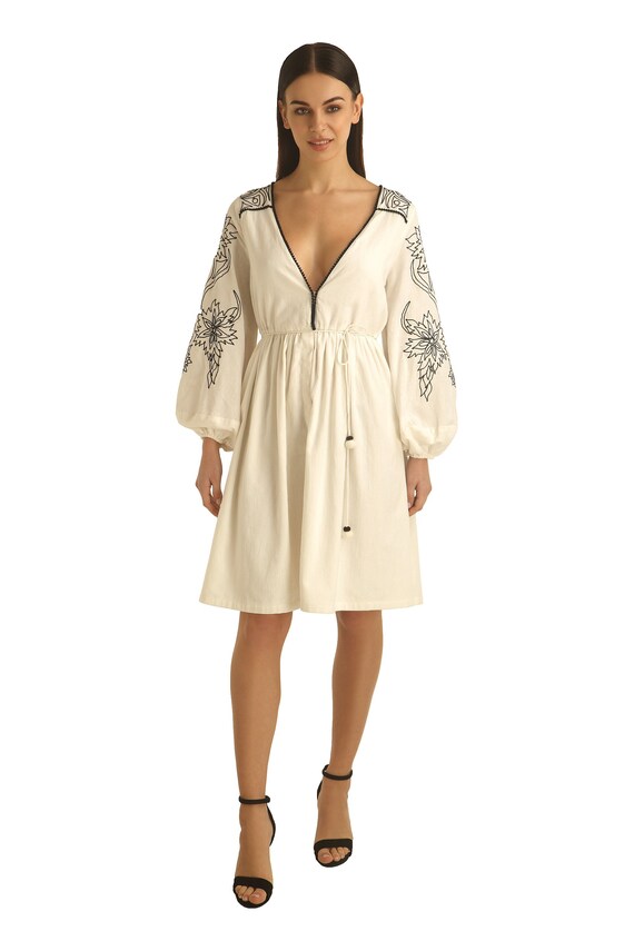 embroidered balloon sleeve dress Navy Floral Embroidered Balloon Sleeve Alysia Midi Dress