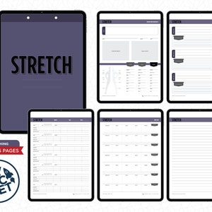 Könnte beinhalten: Ein druckbarer digitaler Planer für Dehnübungen. Das Cover zeigt einen lila Hintergrund mit dem Wort "STRETCH" in weißer Schrift. Der Planer enthält fünf Seiten mit verschiedenen Layouts zum Verfolgen von Dehnübungen, Zielen und Notizen.