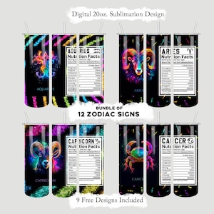 Op de afbeelding: Een bundel van 12 digitale sublimatieontwerpen voor 568ml-bekers, elk met een sterrenbeeld in heldere kleuren en een voedingsfeitenlabel. De ontwerpen omvatten Waterman, Ram, Steenbok en Kreeft.