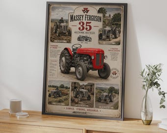 Poster in vintage stijl van de Massey Ferguson 35 tractor, MF35 klassieke boerderij muurdecoratie print