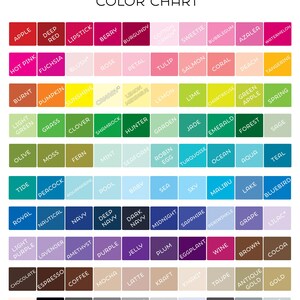 Pu&ograve; includere: Una tabella dei colori con una variet&agrave; di tonalit&agrave;, tra cui rosso, rosa, giallo, verde, blu, viola e marrone. Ogni colore &egrave; etichettato con il suo nome, come "Mela", "Rosa acceso" e "Blu navy". La tabella &egrave; progettata per visualizzare un'ampia gamma di opzioni di colore.