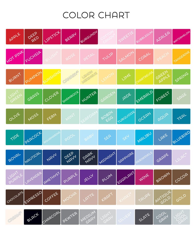 Pu&ograve; includere: Una tabella dei colori con una variet&agrave; di tonalit&agrave;, tra cui rosso, rosa, giallo, verde, blu, viola e marrone. Ogni colore &egrave; etichettato con il suo nome, come "Mela", "Rosa acceso" e "Blu navy". La tabella &egrave; progettata per visualizzare un'ampia gamma di opzioni di colore.