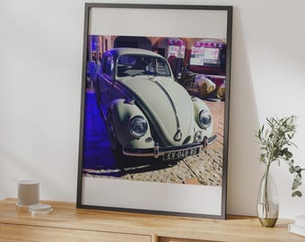 Vintage auto poster, klassieke auto muurdecoratie, vintage auto print, nachtelijke straatfoto