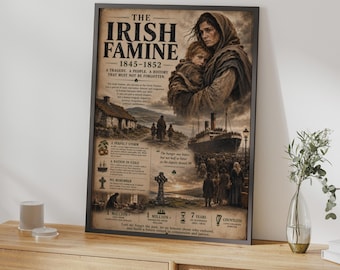 Poster over de Ierse hongersnood van 1845, muurdecoratie over de Grote Hongersnood, print over het Ierse erfgoed.