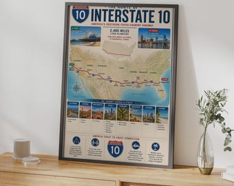 Routekaartposter van Interstate 10, print van de I-10 snelweg, muurdecoratie voor een roadtrip van kust tot kust in de VS.