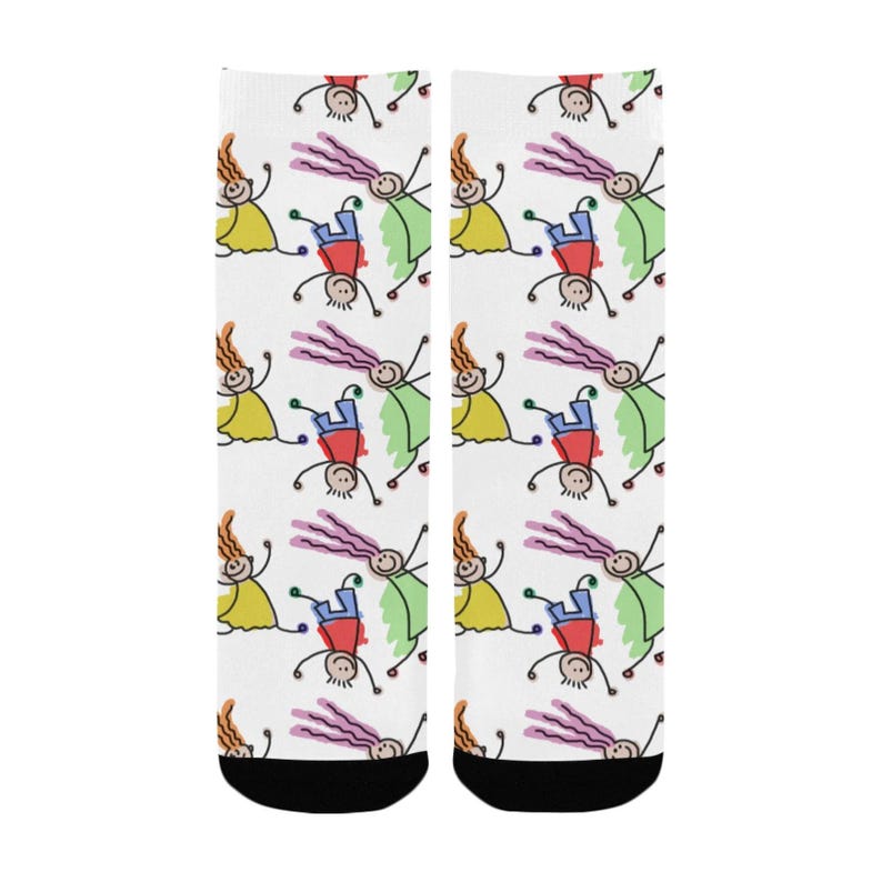 May include: A pair of white socks with a colorful pattern of stick figures. The figures are in various poses, including jumping and standing. The socks have black toe and heel.