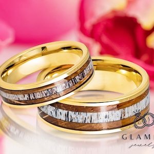 Matching Pipe Cut Gold IP Tungsten Wedding Band Whiskey Barrel Deer Antler Inlay Anniversary Ring Comfort Fit Engagement Band Hunter&#39;s Ring