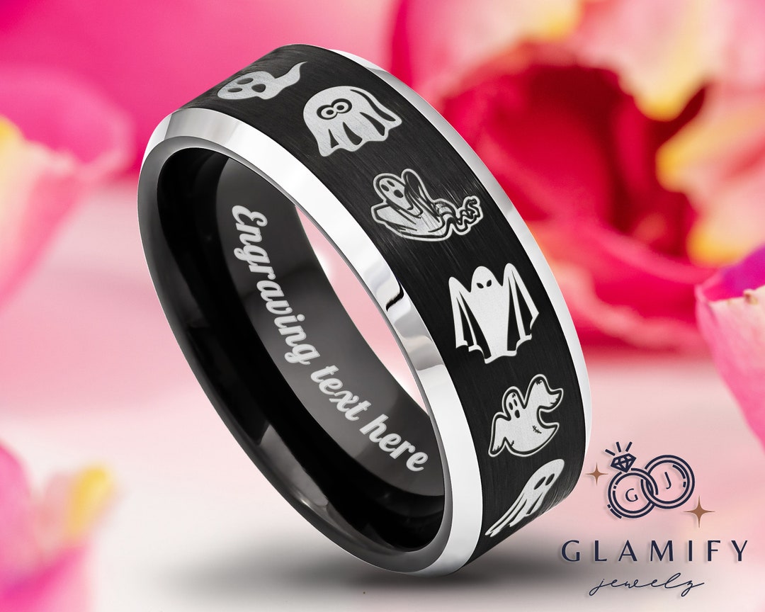 Halloween Themed Multi Ghost Ring Black Tungsten Carbide Ring Brushed ...