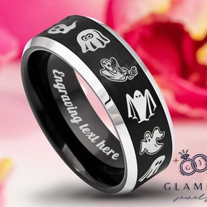 Halloween Themed Multi Ghost Ring Black Tungsten Carbide Ring Brushed Comfort Fit Ring Personalized Halloween Costume Trick or Treat