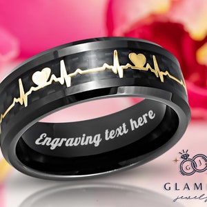 Black IP Plated with Yellow Gold IP EKG Heartbeat Cut-out Inlay Tungsten Carbide Ring Wedding Band Anniversary Ring Engagement Band