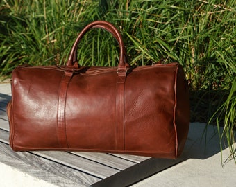 Sac polochon en cuir vintage, sac de week-end en cuir de vachette pleine fleur, sac de voyage cognac