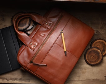 Full-Grain Leather Laptop Bag, Slim Business Briefcase