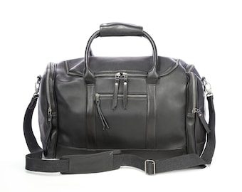 Full Grain Black Leather Duffel Bag, Weekender Travel Bag