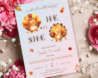 Thanksgiving Turkey Gender Reveal Invitation, Boy or Girl, He or She, Editable Fall Autumn Gender Reveal Party Invite Card, Canva Digital