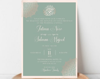 Green Islamic Wedding Invitation, Muslim Wedding Card, Nikkah Walima Invitation, Gold Arabic Royal Invite, Nikah Mubarak, Canva, Download