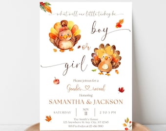 Thanksgiving Turkey Gender Reveal Invitation, Editable Fall Autumn Pregnancy Announce Party Invite Card, Boy or Girl, Canva Digital Download