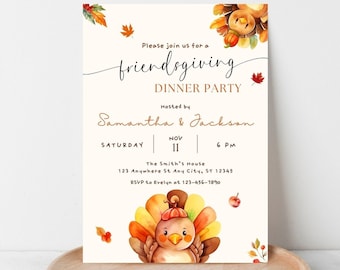 May include: A Friendsgiving dinner party invitation with watercolor illustrations of a turkey and autumn leaves. The invitation includes the text "Please join us for a friendsgiving dinner party" and event details.