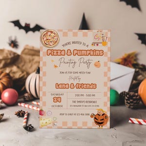 Pizza and Pumpkin Painting Invitation, Halloween Pumpkin Carving Party Invite Card, Editable Canva Template, Digital Instant Download Print