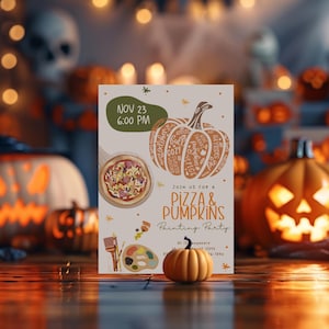Pizza and Pumpkin Painting Invitation, Halloween Pumpkin Carving Party Invite Card, Editable Canva Template, Digital Instant Download Print